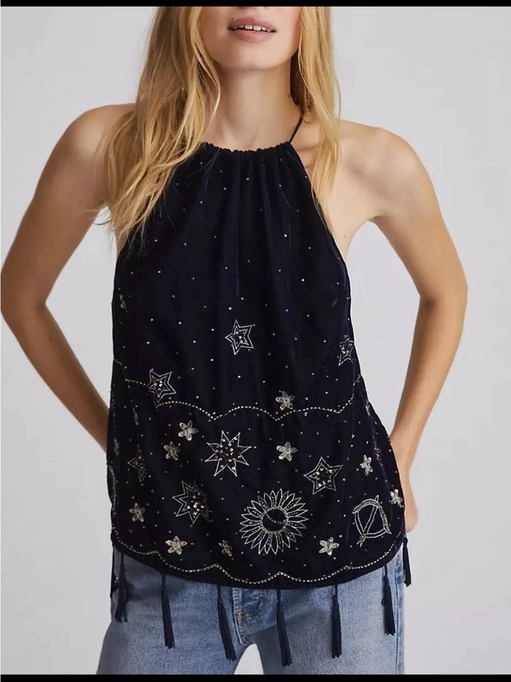 Anthropologie Style Navy Velvet Celestial Beaded Halter Top Fringe. Size L